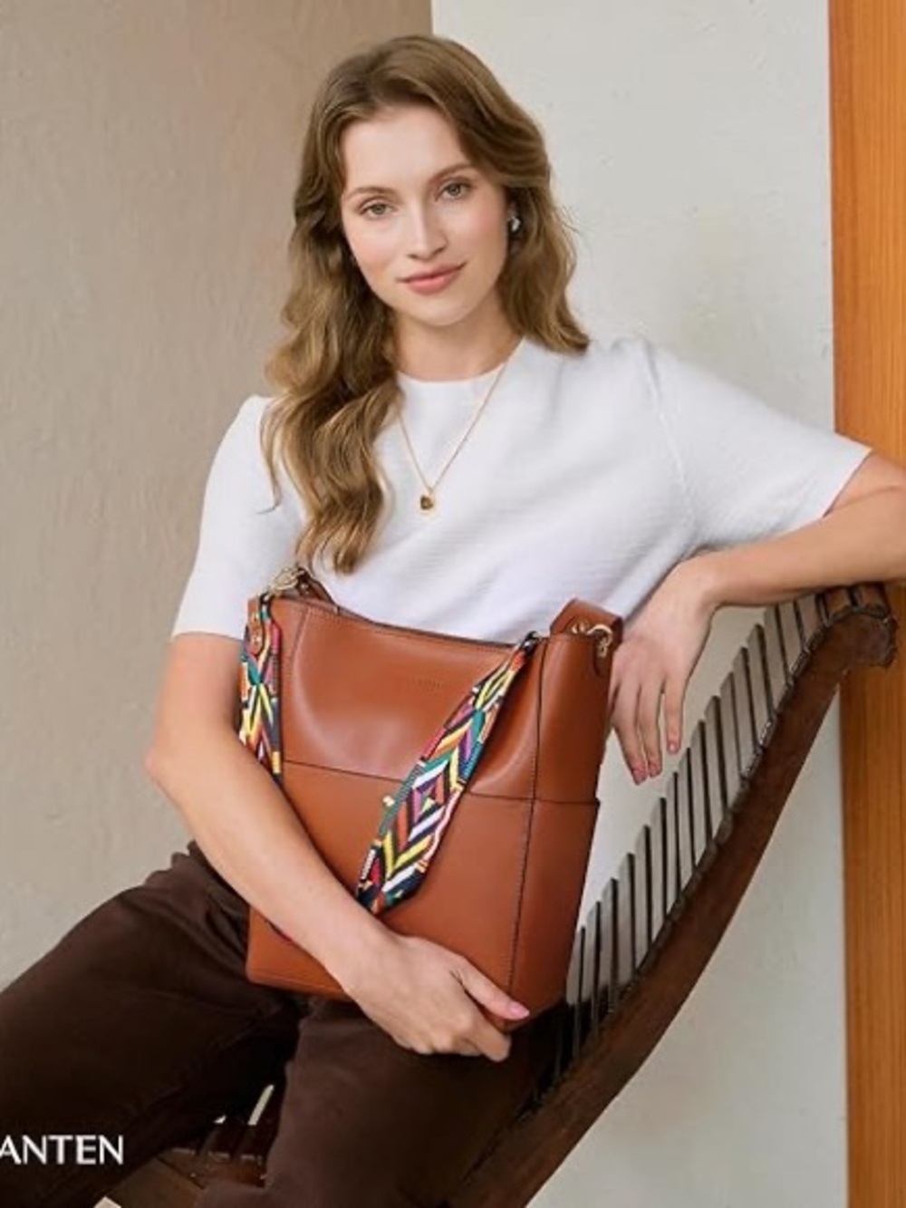 Classic Tan crossbody Tote with Colorful Strap